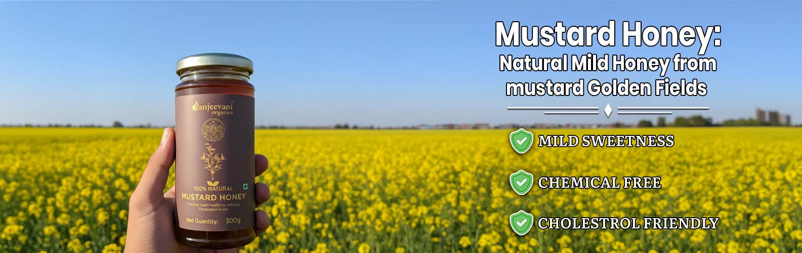 Barsana Magic and Hand holding a jar of mustard honey with a field of yellow flowers in the background