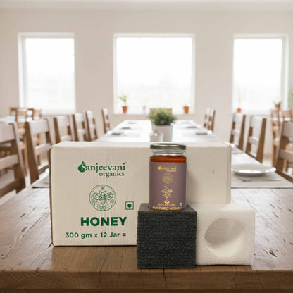 Barsana Magic and Organics honey packaging on a dining table with a blurred background