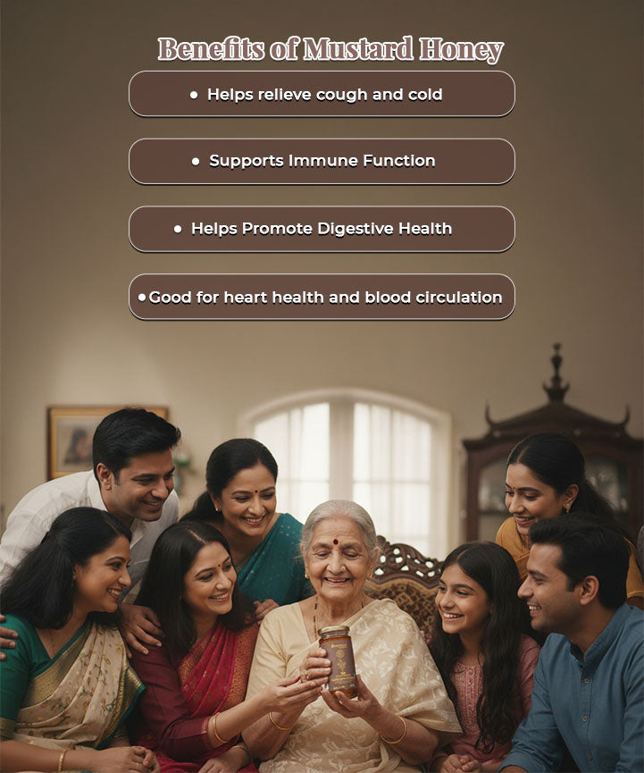 Barsana Magic and Family gathered around an elderly woman holding a jar of honey with text about mustard honey benefits.