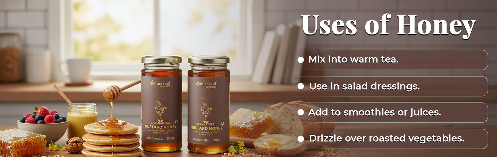 Barsana Magic and Two jars of honey with a list of uses on a wooden surface.