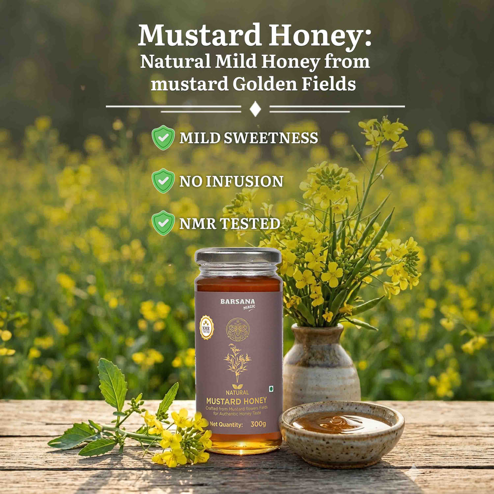 Barsana Magic and Jar of mustard honey with a field of mustard flowers in the background