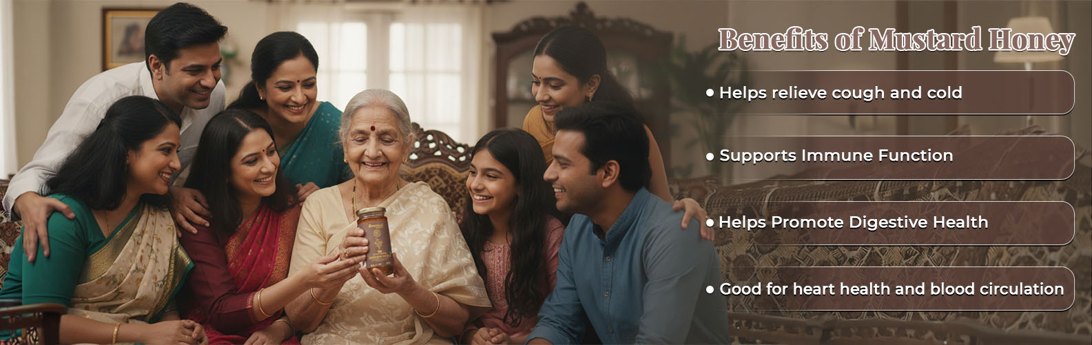 Barsana Magic and Family gathered around an elderly woman holding a jar, with text about mustard honey benefits.