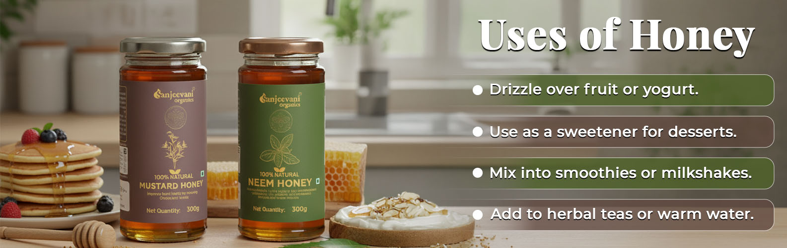 Barsana Magic and Two jars of honey with a list of uses on a kitchen counter.