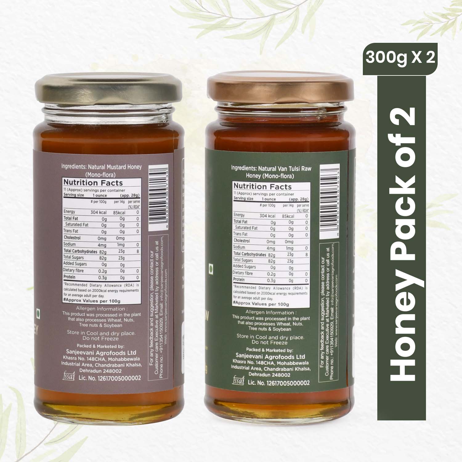 Pure Van Tulsi Raw Honey and Mustard Honey combo pack in glass jars, showcasing golden hues and natural sweetness.