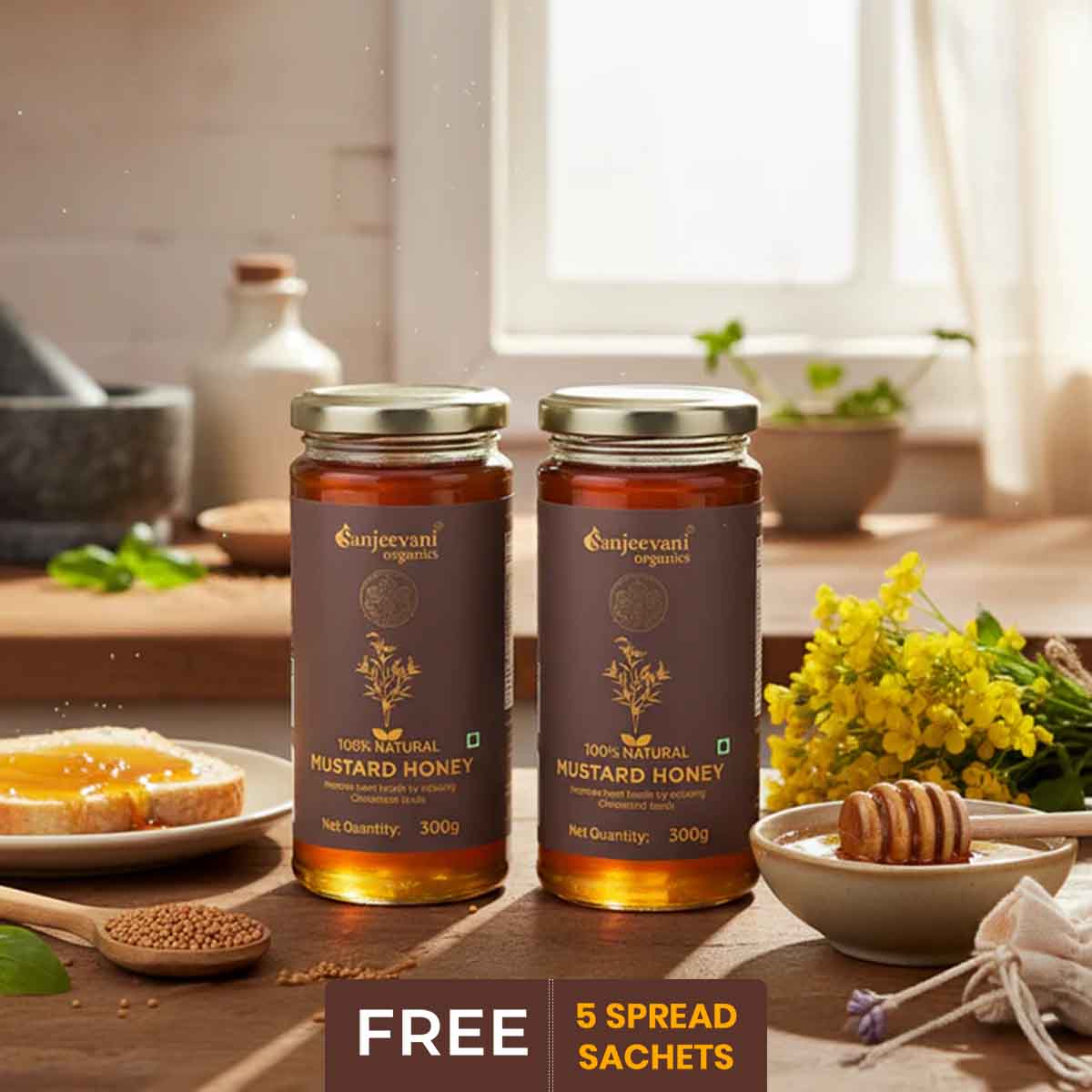 Barsana Magic and Two jars of Sanjeevani Organics mustard honey on a wooden table with kitchen items in the background.