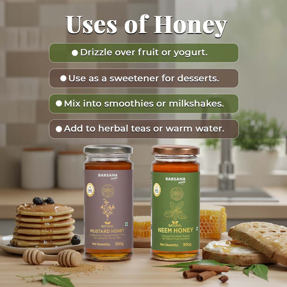 Barsana Magic and Two jars of honey with a kitchen background and text on honey uses.