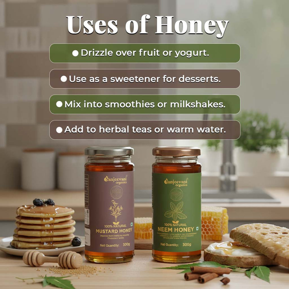 Barsana Magic and Two jars of honey with a list of uses on a kitchen counter.