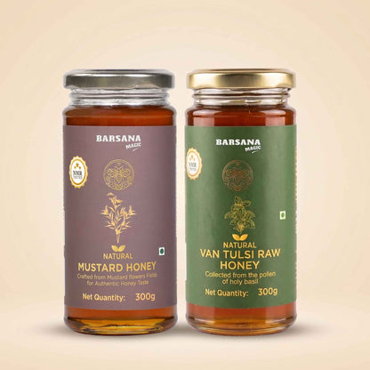 Natural Mustard Honey and Van Tulsi Raw Honey (Pack of 2) - Get Free 5 Sachets & Honey Stick
