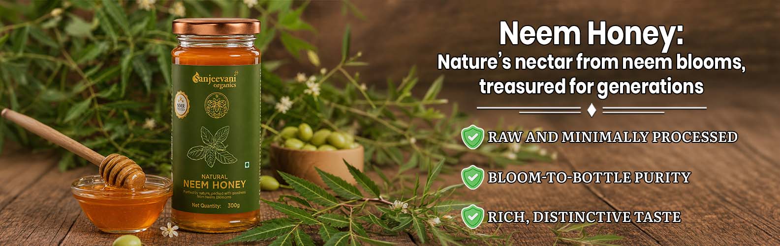 Barsana Magic and Neem honey jar with honeycomb and neem leaves on a wooden background