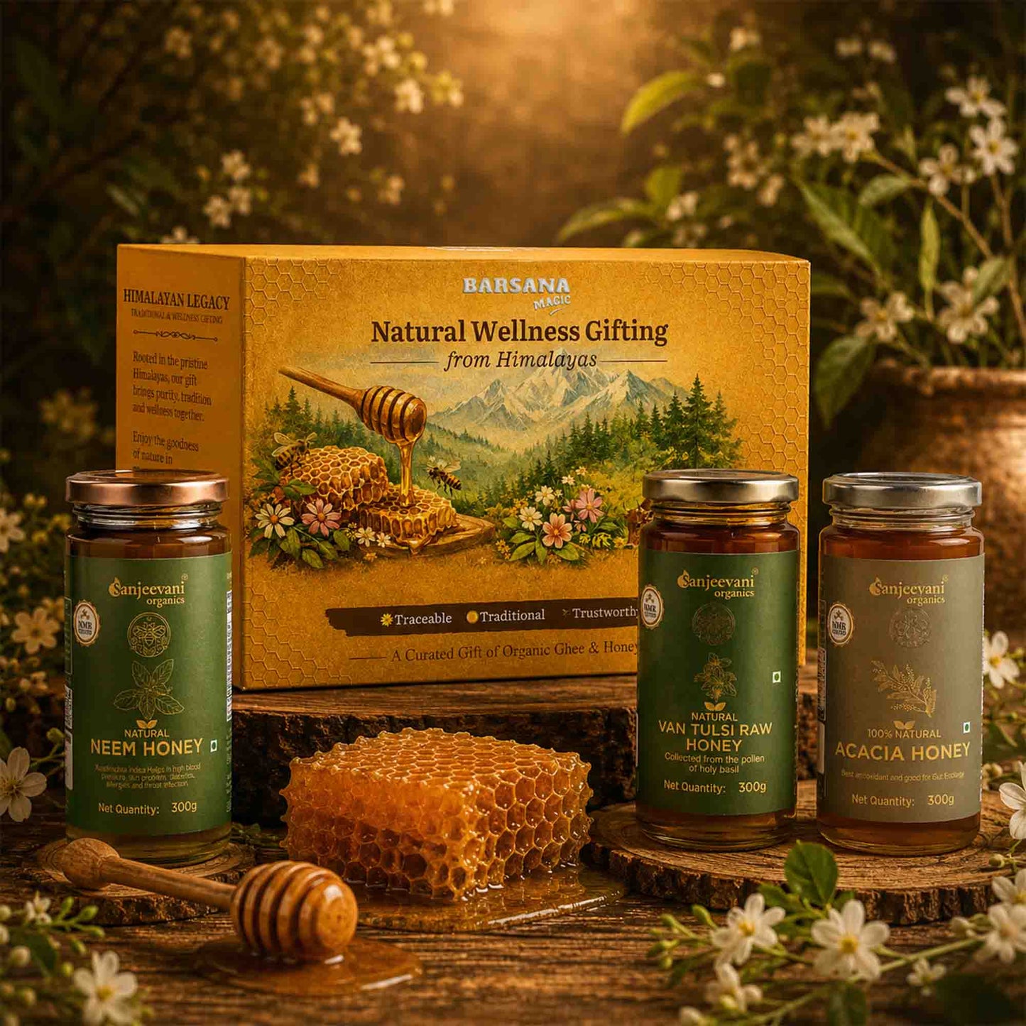 Barsana Magic and Honey products with a branded box on a wooden surface with flowers in the background