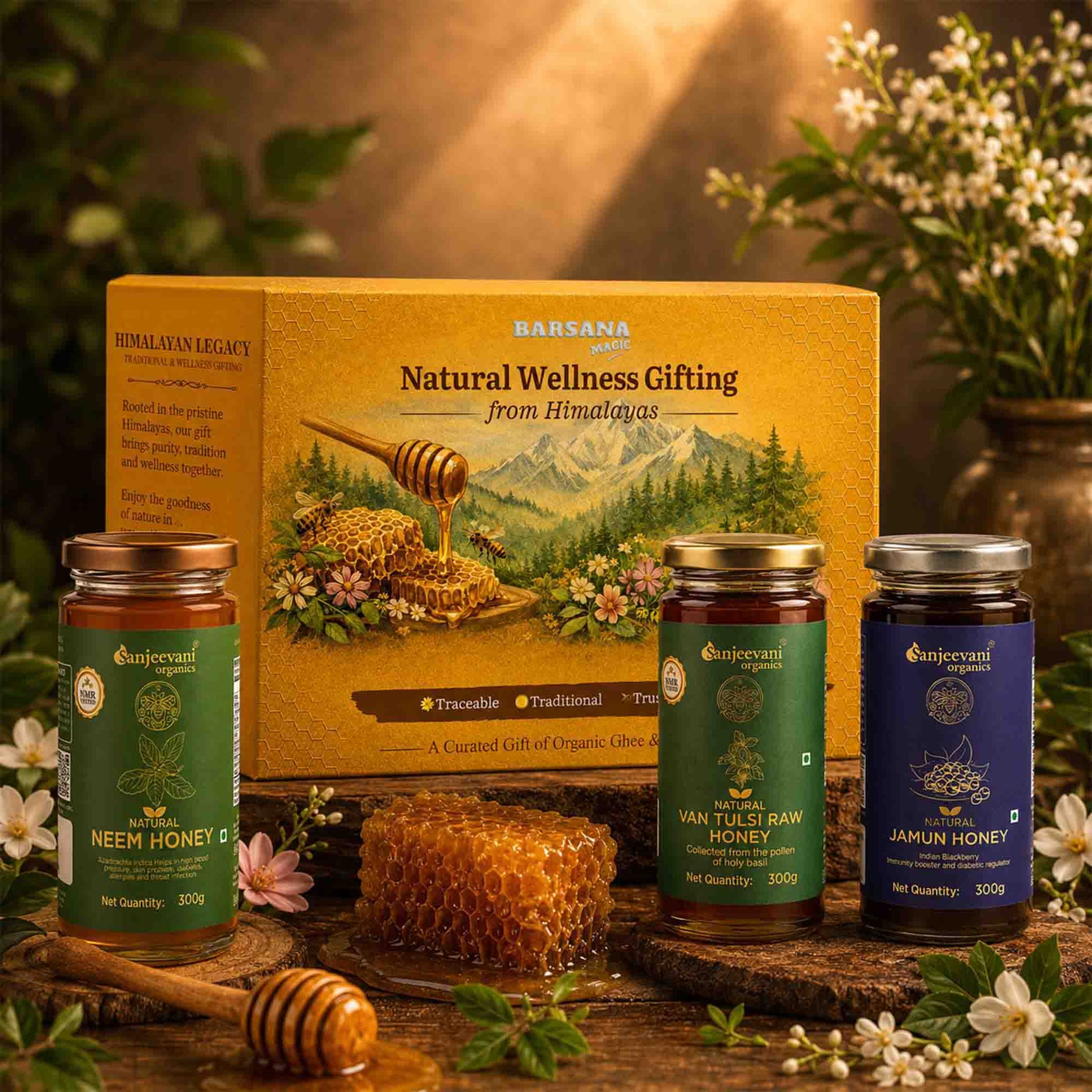 Barsana Magic and Honey products with a decorative box on a wooden surface with flowers in the background