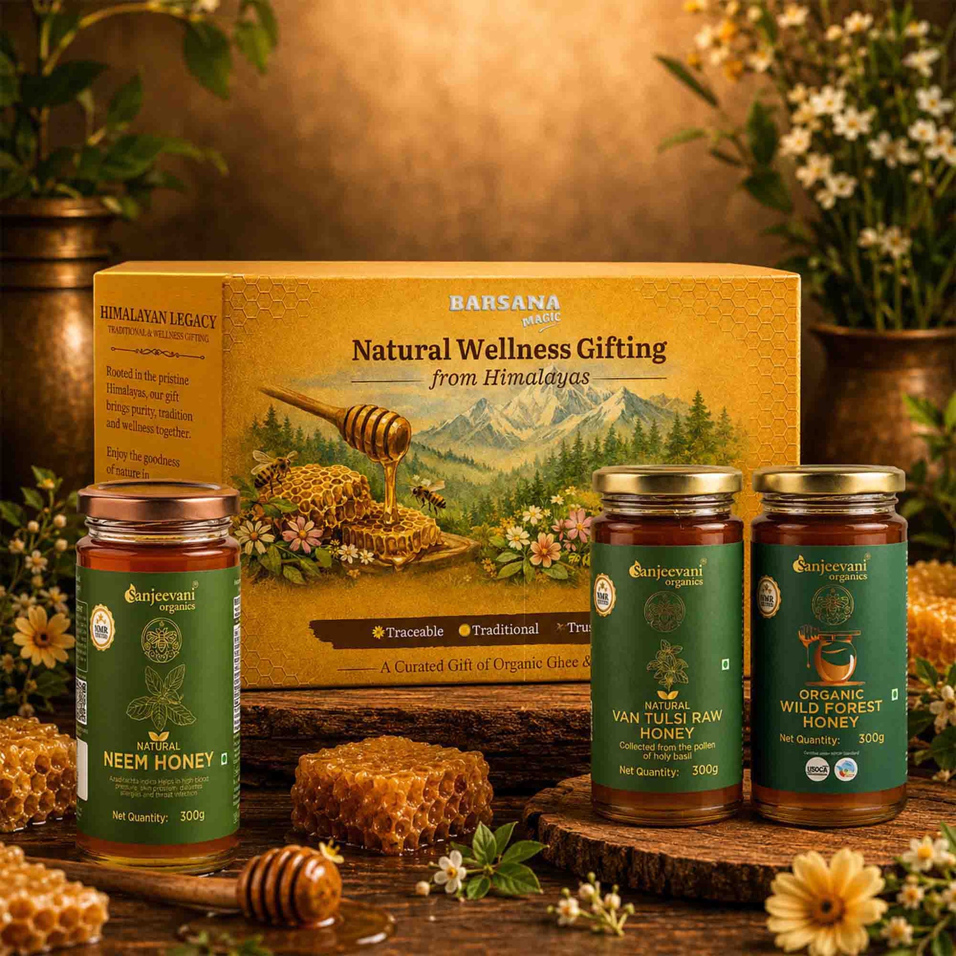 Barsana Magic and Honey products with a decorative box on a wooden surface with flowers and honeycomb.