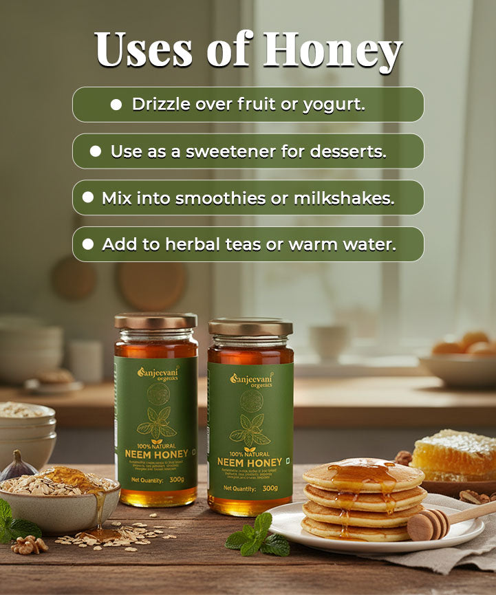 Barsana Magic and Two jars of Neem Honey on a wooden table with a blurred kitchen background, displaying uses of honey.