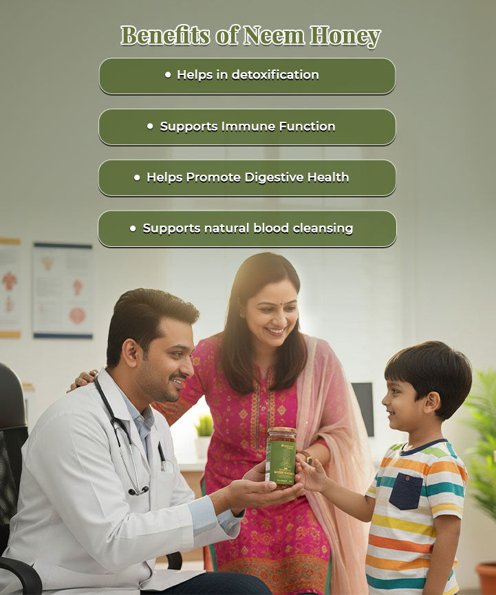Barsana Magic and Doctor handing a jar of neem honey to a child with a woman holding the jar, benefits listed above.