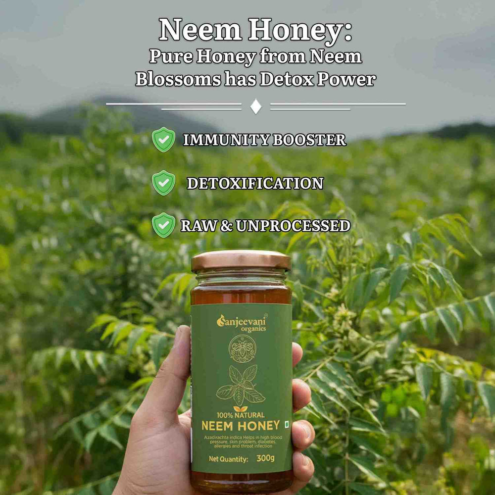 Barsana Magic and Hand holding a jar of Neem honey with a background of neem trees