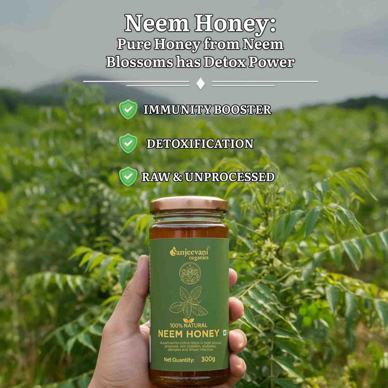 Barsana Magic and Hand holding a jar of Neem honey with a background of neem trees