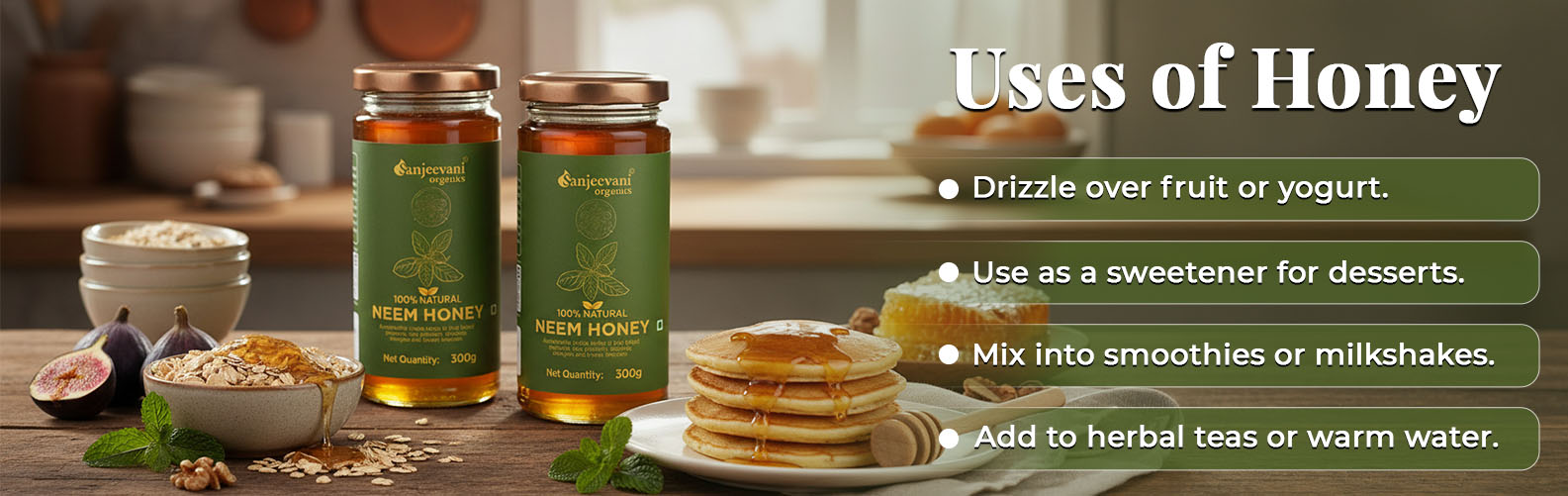 Barsana Magic and Honey jars and a stack of pancakes on a table with text about honey uses.