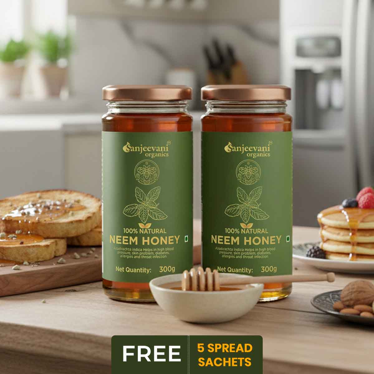 Barsana Magic and Two jars of Sanjeevani Neem Honey on a kitchen counter with toast and fruit.