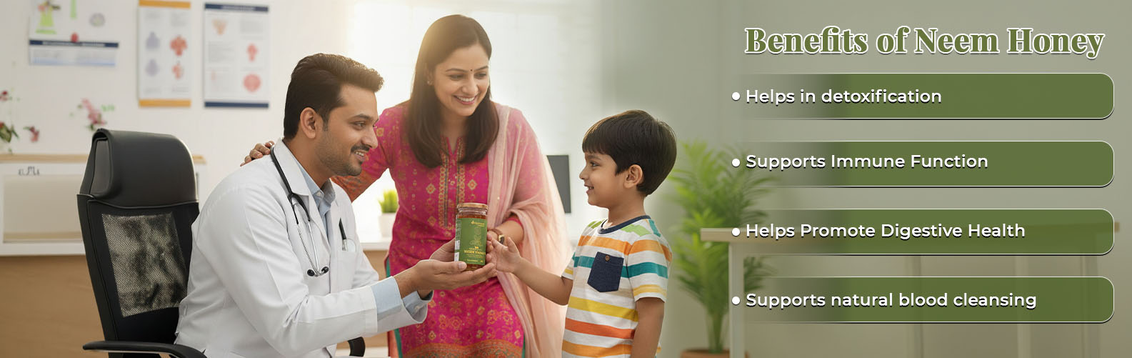 Barsana Magic and Doctor with a family in a clinic setting, with text on the benefits of neem honey.