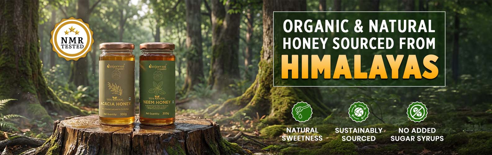 Barsana Magic and Two bottles of honey on a wooden stump with a forest background, featuring text about organic and natural honey from the Himalayas.