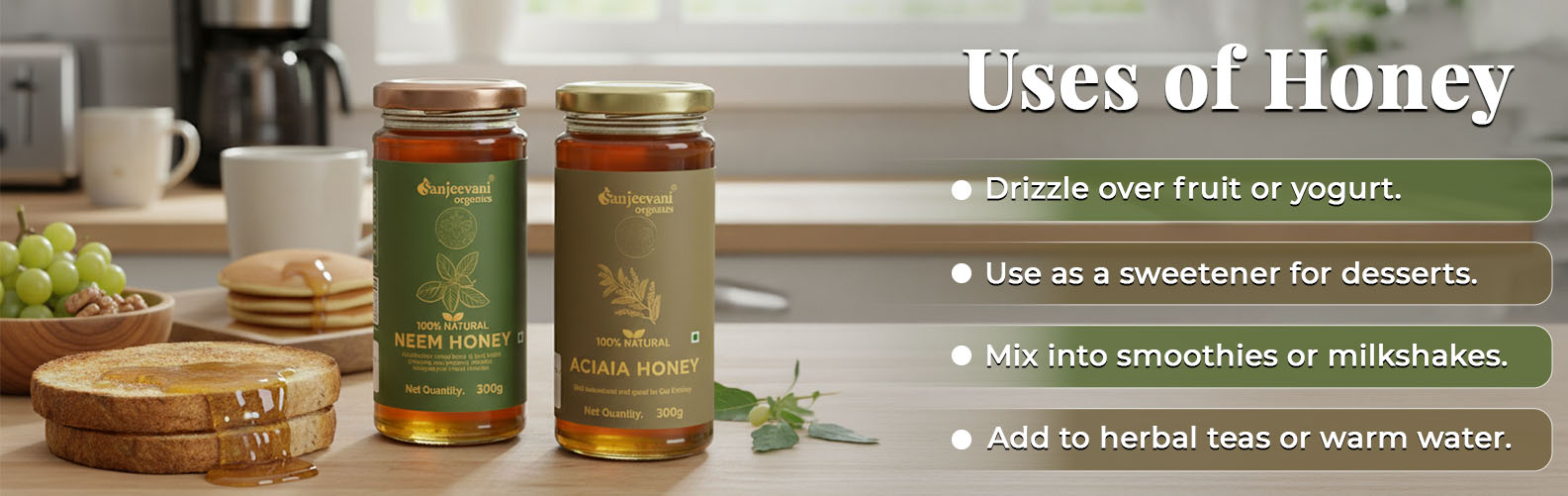 Barsana Magic and Two jars of honey with a list of uses on a kitchen counter.