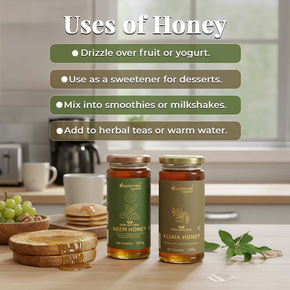 Barsana Magic and Two jars of honey on a kitchen counter with text on uses of honey.