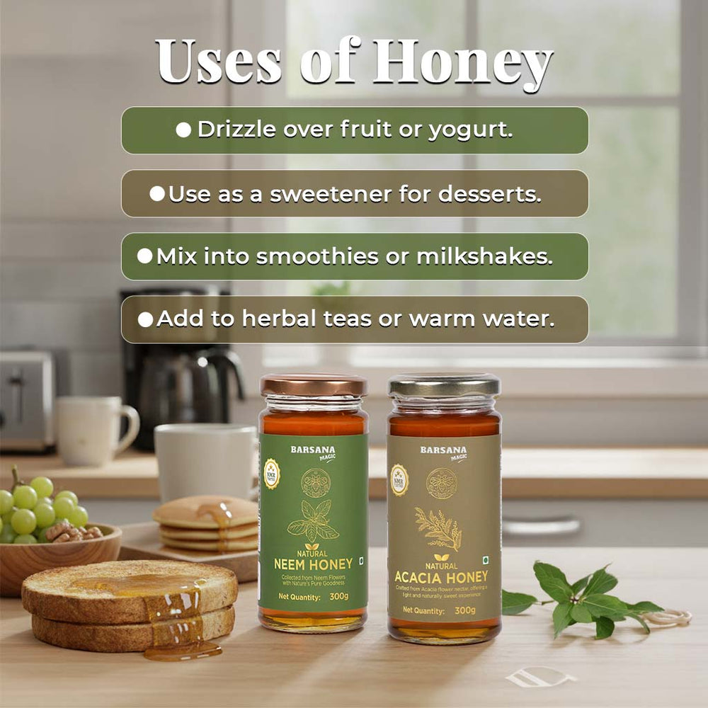 Barsana Magic and Two jars of honey on a kitchen counter with text on uses of honey.
