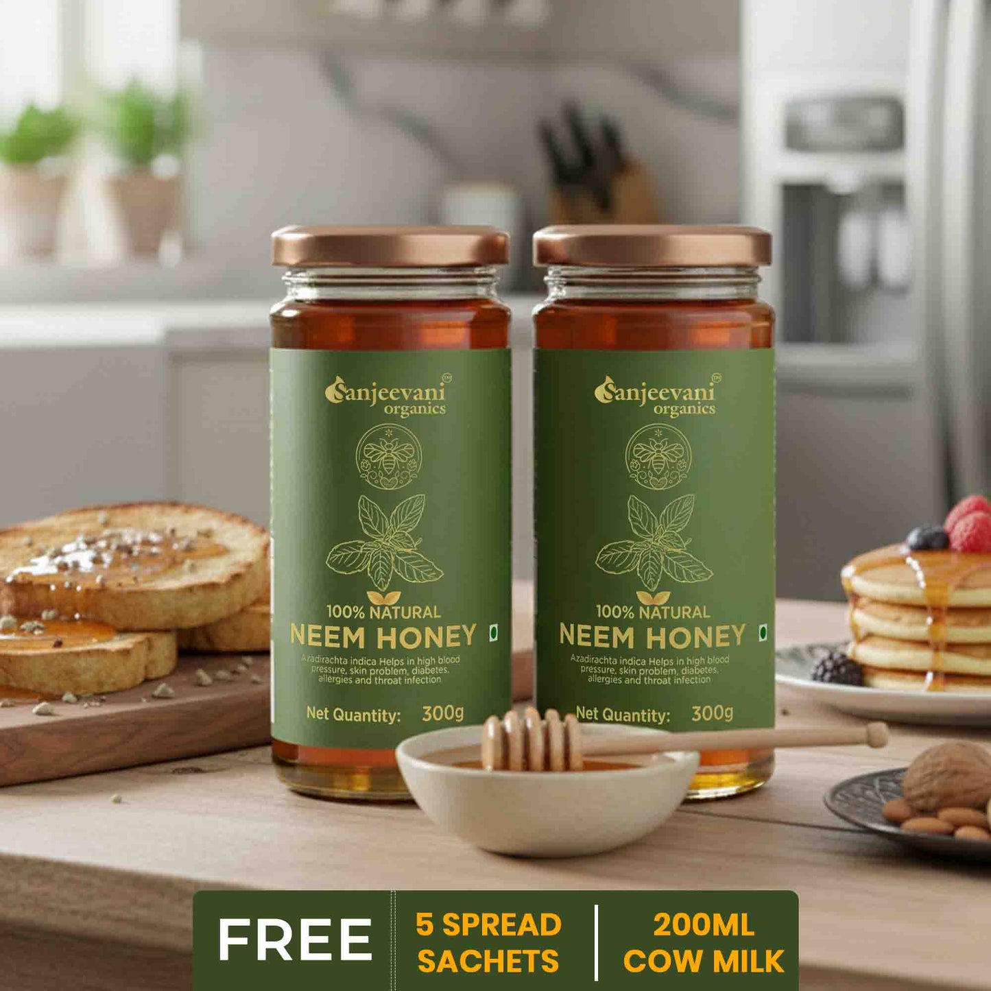 Barsana Magic and Two jars of Sanjeevani Neem Honey on a kitchen counter with breakfast items.