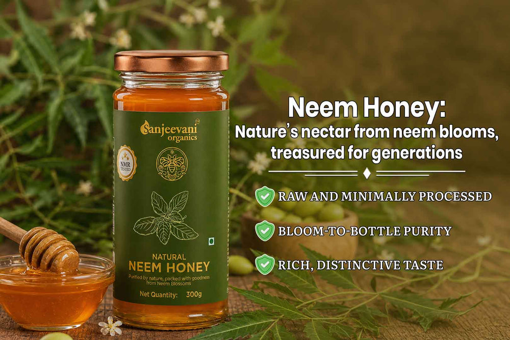 Barsana Magic and  Bottle of saniteyani Organics Neem Honey with honeycomb and leaves in the background