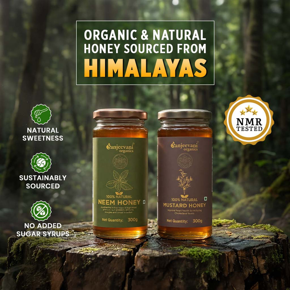 Barsana Magic and Two jars of honey on a wooden log with a forest background, featuring text about organic and natural honey from the Himalayas.