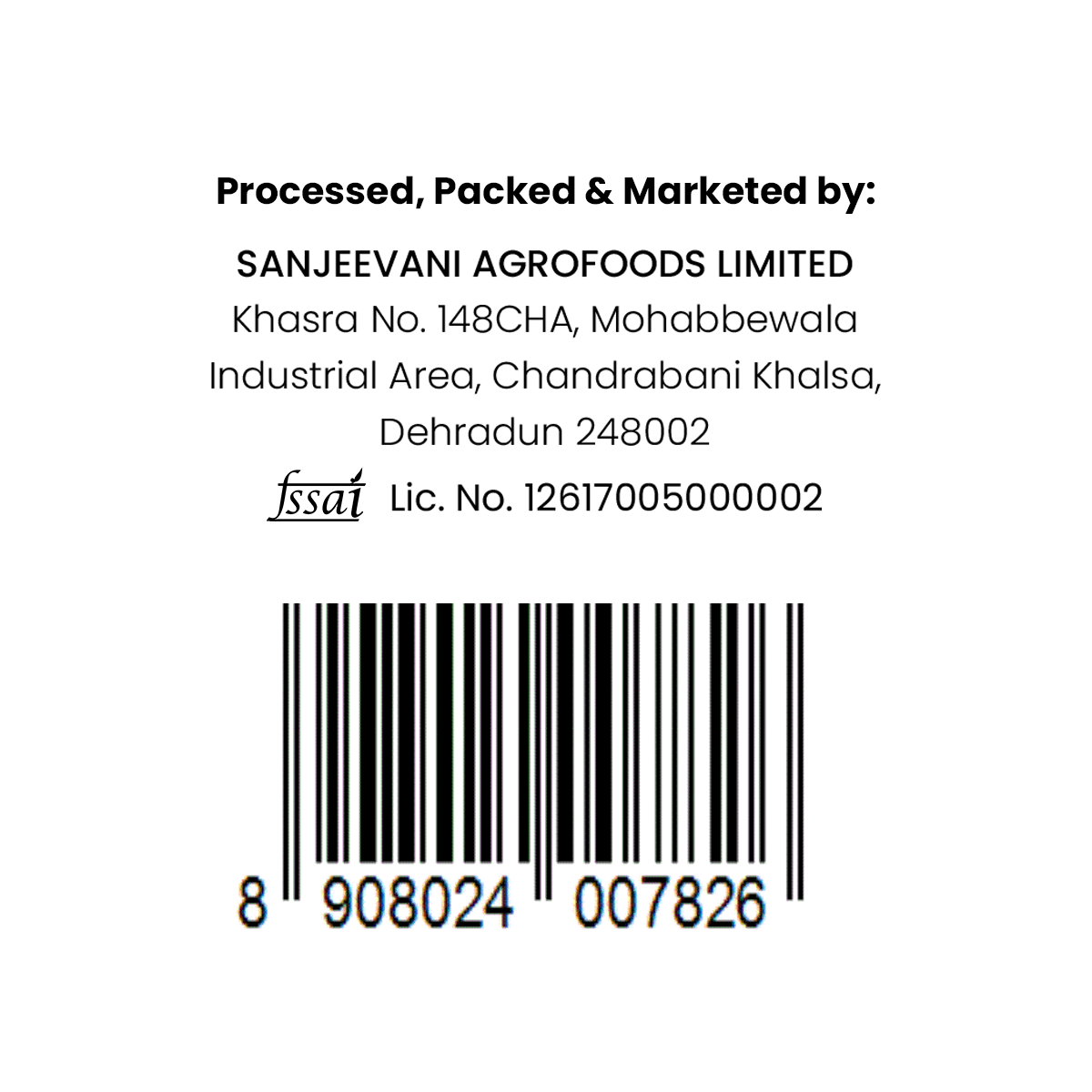 Barsana Magic and Sanjeevani Agrofoods Limited label with contact information and barcode on a white background