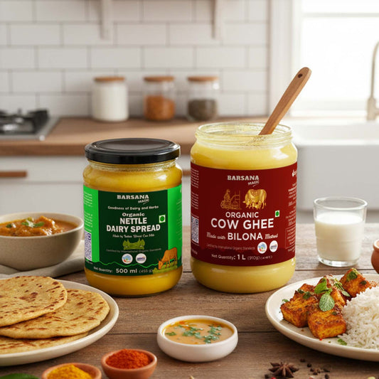 Barsana Magic and Two jars of Barsana organic dairy products on a kitchen counter with food items.
