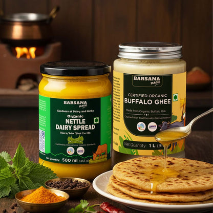Barsana Magic and Two jars of Barsana dairy products with a plate of pancakes andNETTLE DAIRY SPREAD on a wooden table.