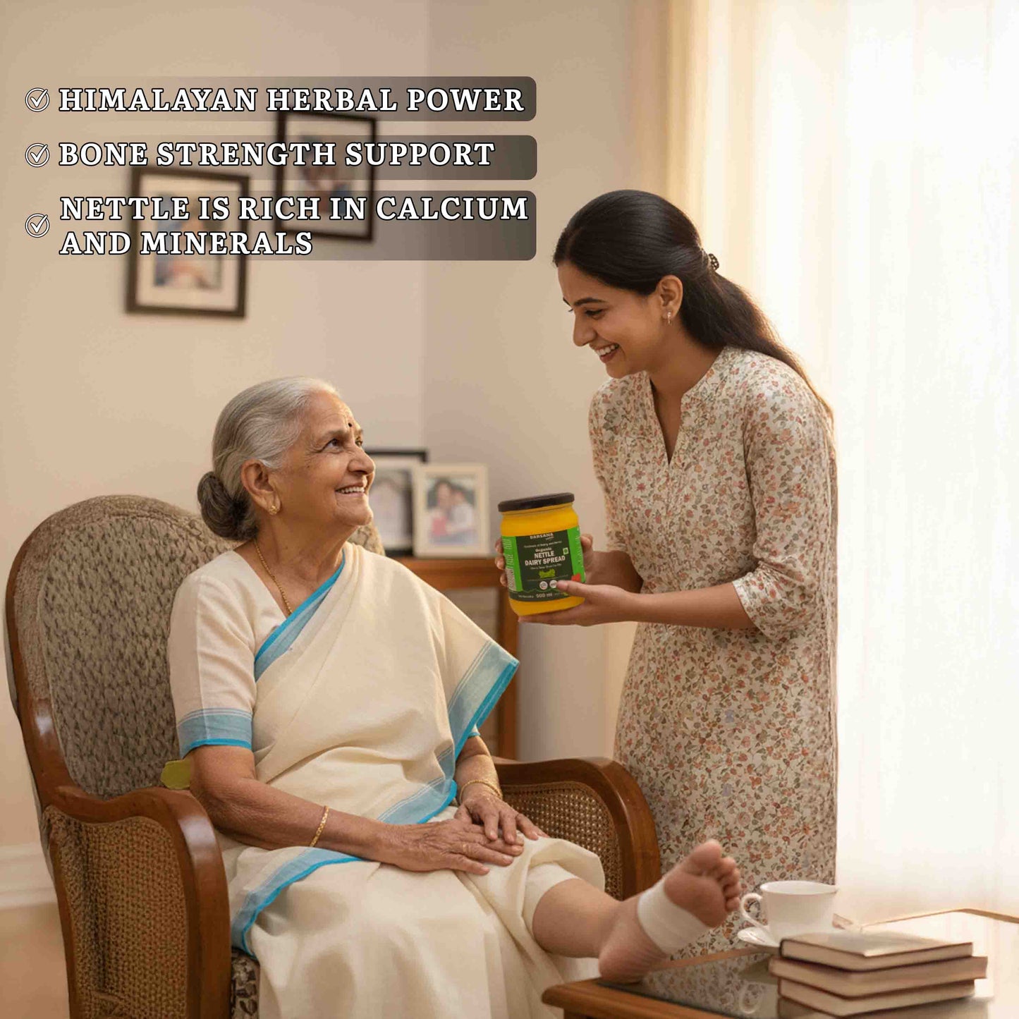 Barsana Magic and Woman giving a container to an elderly woman with text about Himalayan herbal power and bone strength support.