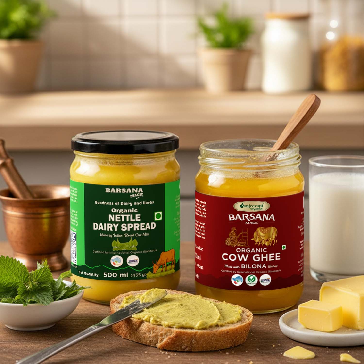 Barsana Magic and Two jars of Barsana dairy products on a wooden table with food items around.