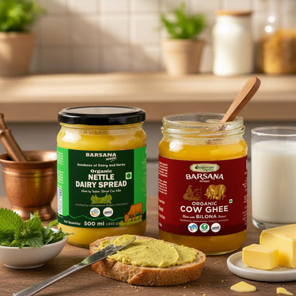 Barsana Magic and Two jars of Barsana dairy products on a wooden table with food items around.