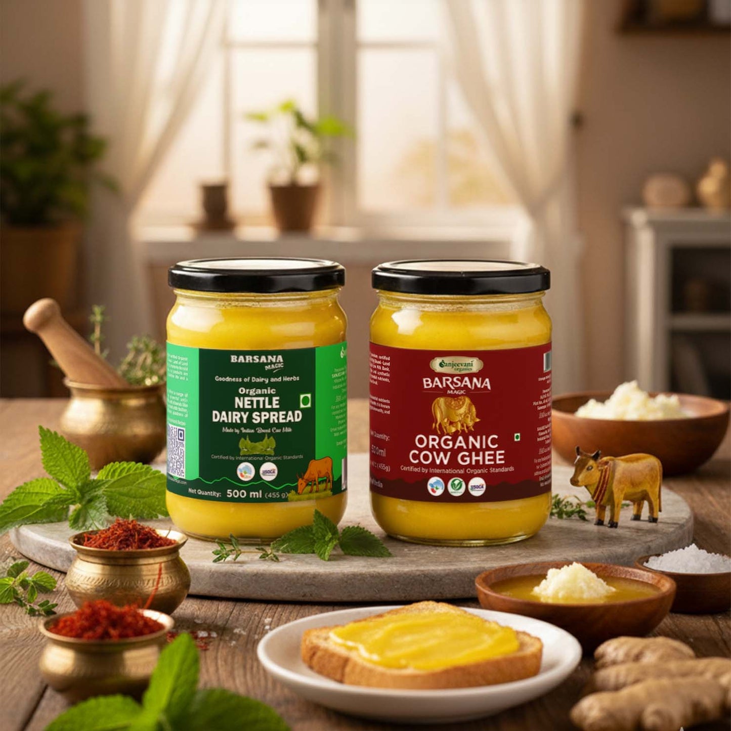 Barsana Magic and Two jars of Barsana dairy products on a table with food items.