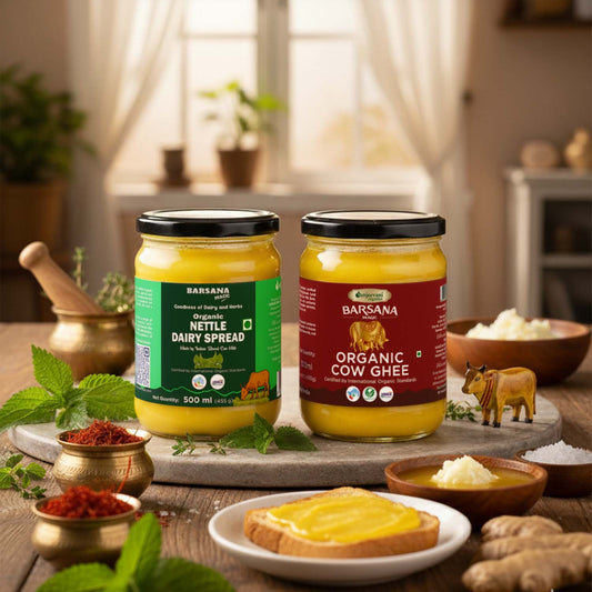 Barsana Magic and Two jars of Barsana dairy products on a table with food items.