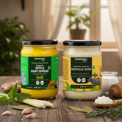 Barsana Magic and Two jars of Barsana organic dairy products on a wooden surface with herbs and spices.