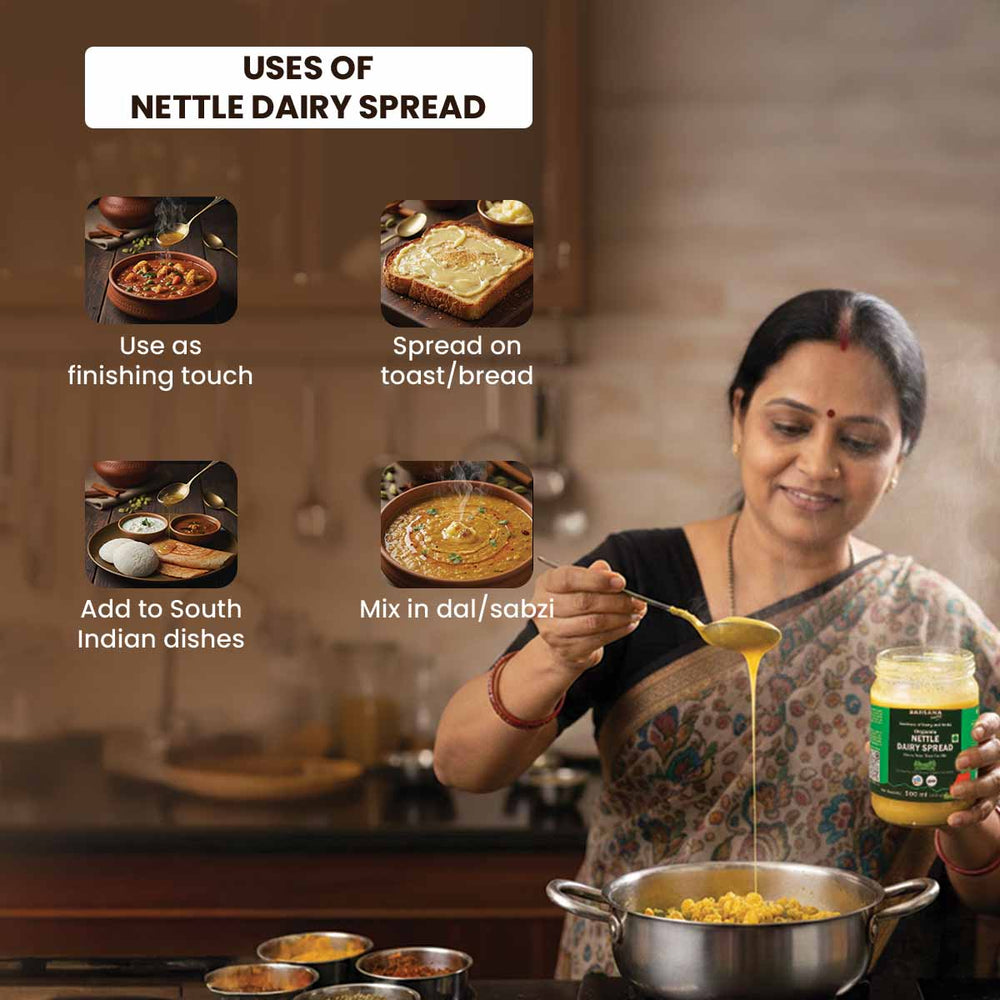 Barsana Magic and Woman using Nettle Dairy Spread with text on uses