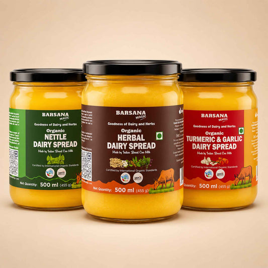Barsana Magic and Three glass jars of Barsana Dairy Spread arranged together on a warm beige background. The center jar is labeled Organic Herbal Dairy Spread with a dark brown label, flanked by Organic Nettle Dairy Spread in green and Organic Turmeric & Garlic Dairy Spread in red.
