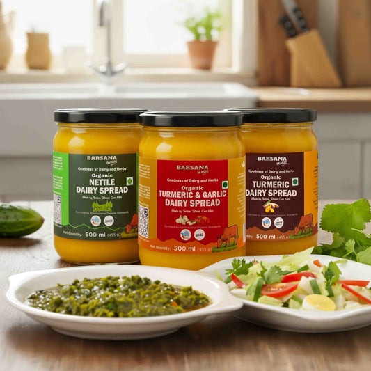 Barsana Magic and Three jars of Barsana dairy spreads on a kitchen counter with plates of food.