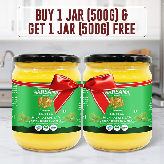 Barsana Magic 2 jars of Organic Nettle Milk Fat Spread with a promotional banner above them.