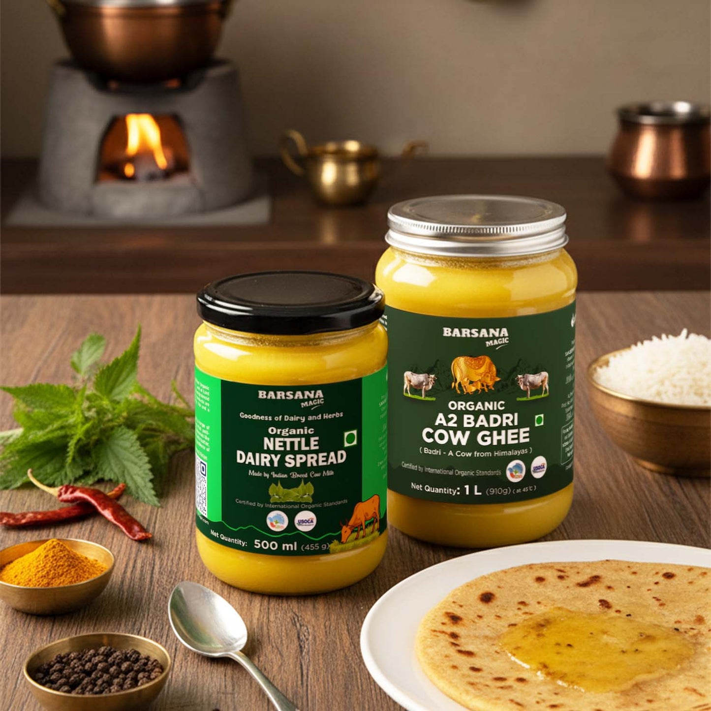Barsana Magic and Two jars of Barsana organic dairy products on a wooden table with food items.