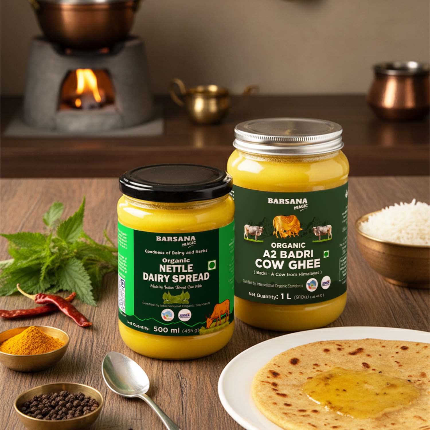 Barsana Magic and Two jars of Barsana organic dairy products on a wooden table with food items.
