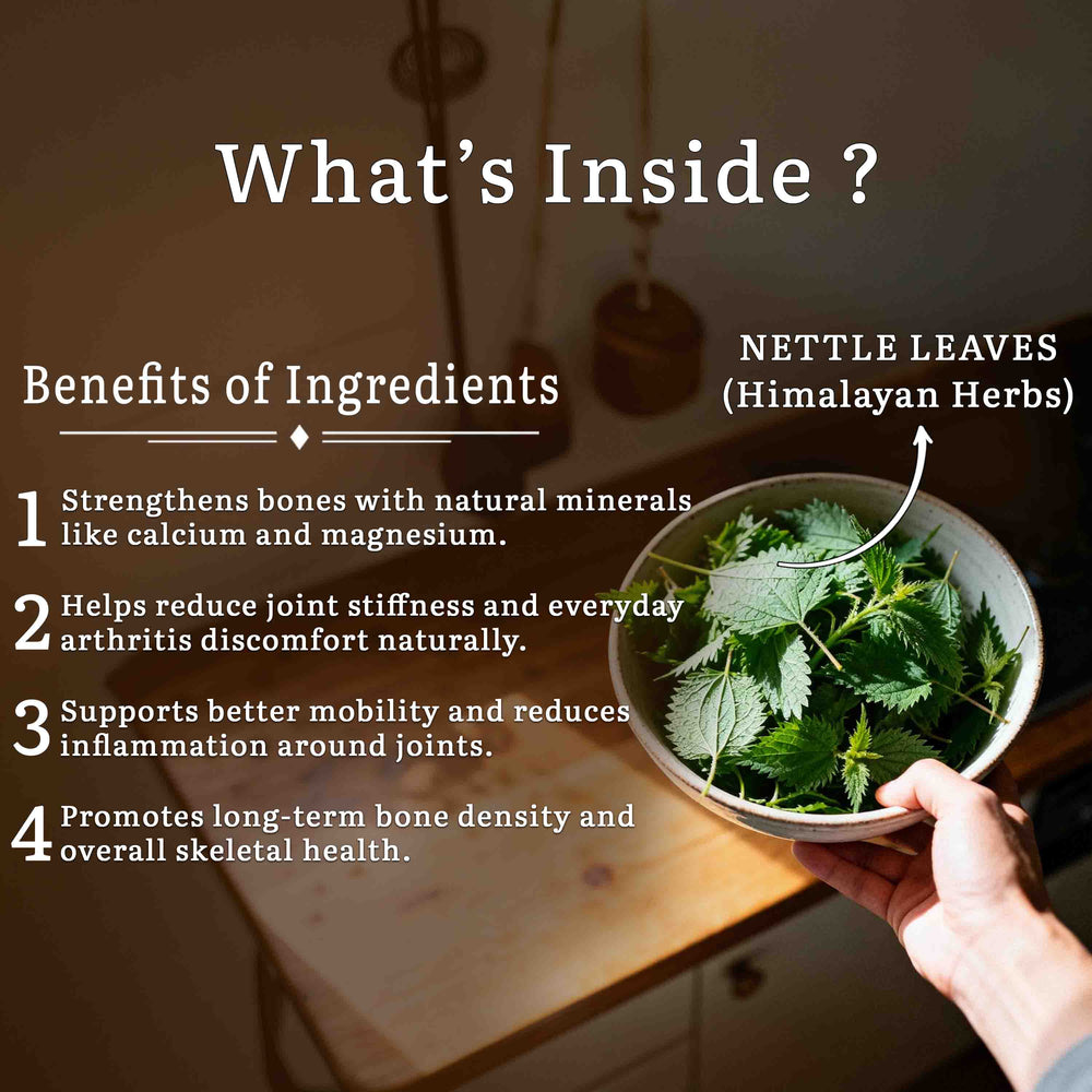 Barsana Magic and Bowl of nettle leaves with text on benefits and ingredients
