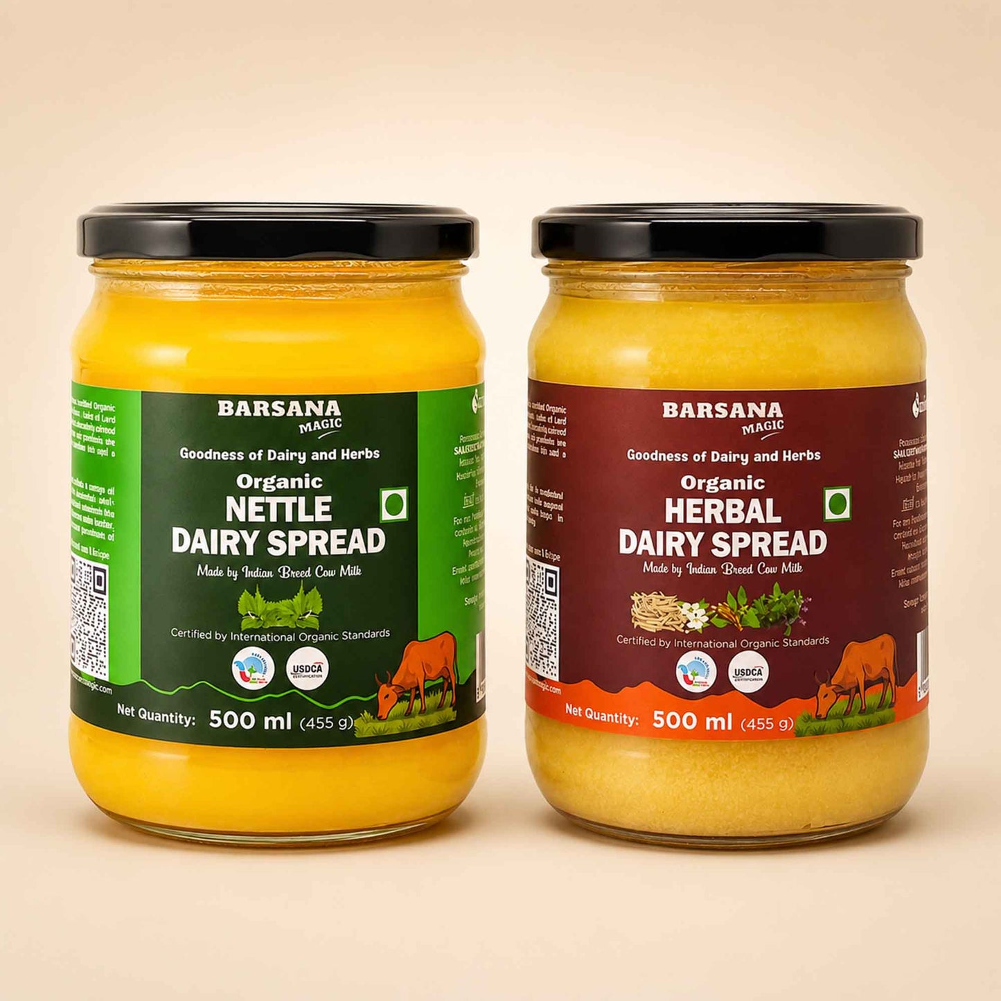 Barsana Magic and Two 500 ml jars of Barsana Organic spreads on a light beige background. The left jar contains Organic Nettle Dairy Spread with a green label, and the right jar contains Organic Herbal Dairy Spread with a dark red label.