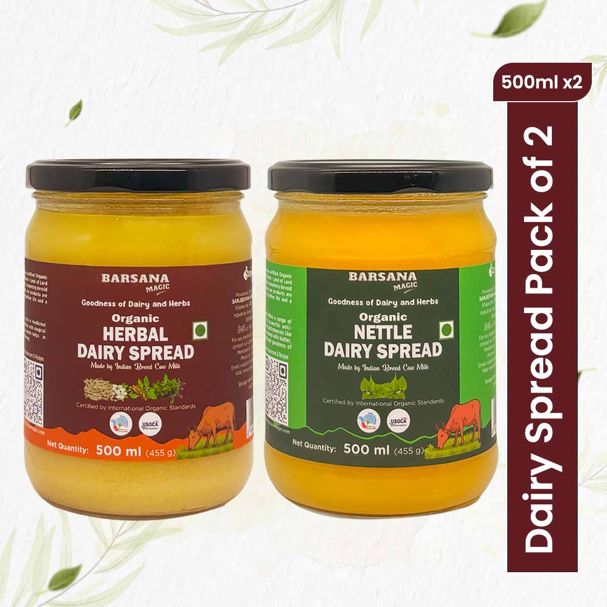 Barsana Magic and Two jars of Barsana Dairy Spread with labels on a white background