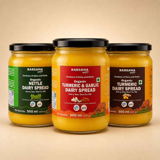 Barsana Magic and Three glass jars of Barsana Naturals dairy spreads arranged together on a warm beige background. The center jar is Organic Turmeric & Garlic Dairy Spread with a red label, flanked by Organic Nettle Dairy Spread with a green label on the left and Organic Turmeric Dairy Spread with a dark brown label on the right.