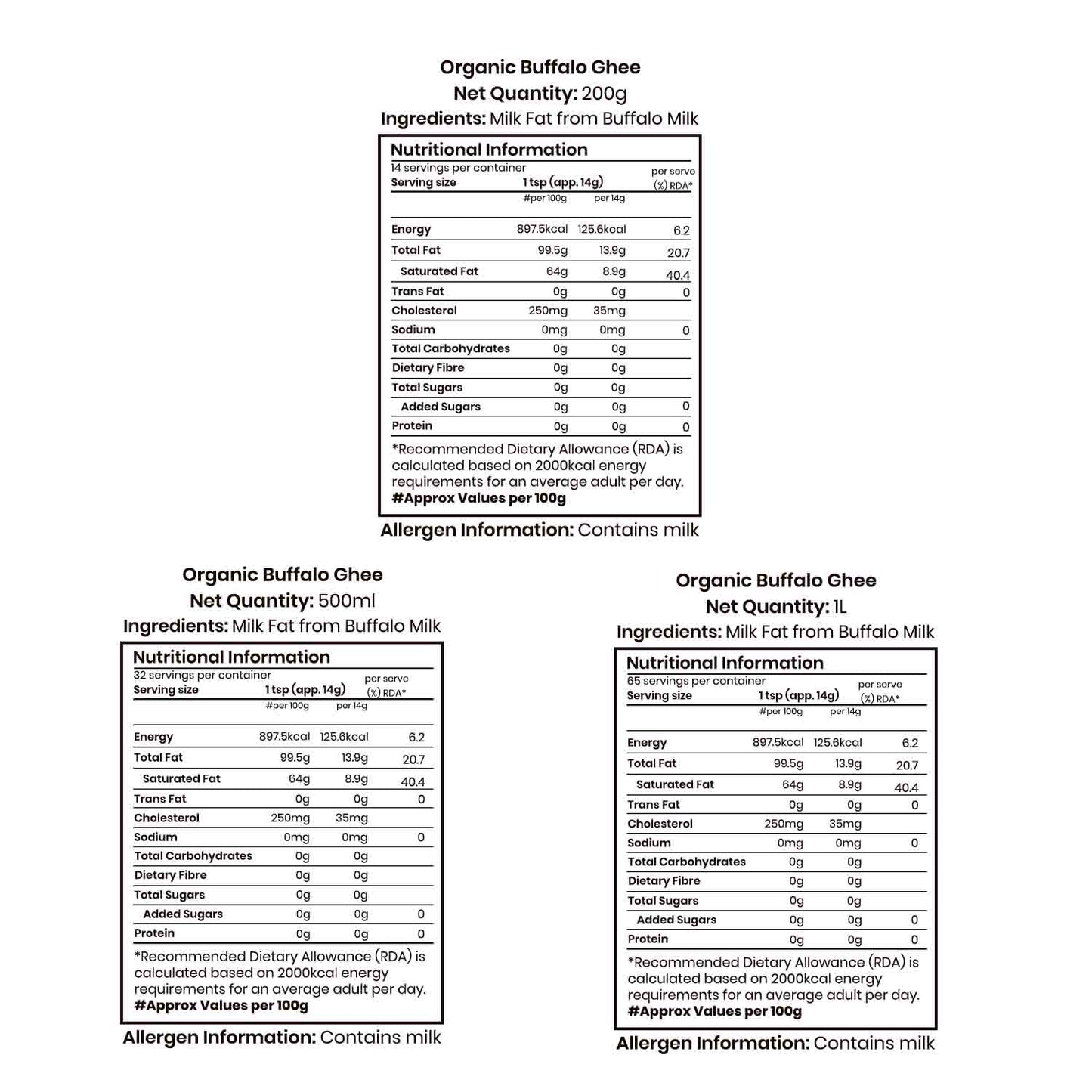 Barsana Magic and Nutritional information and allergen label for Organic Buffalo Ghee on a white background